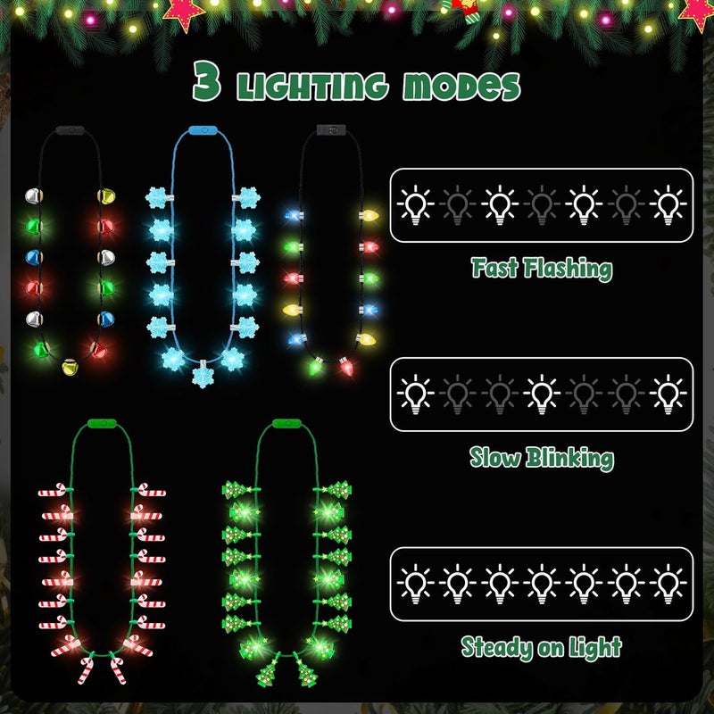 Traplace Store 20 Pack Christmas LED Necklace Lights, Bulk 5 Styles Bulbs Xmas Decorations, 3 Modes Christmas Necklace Supplies, Xmas Party Favors for Ugly Christmas New Year Eve Party Supplies - Image 3